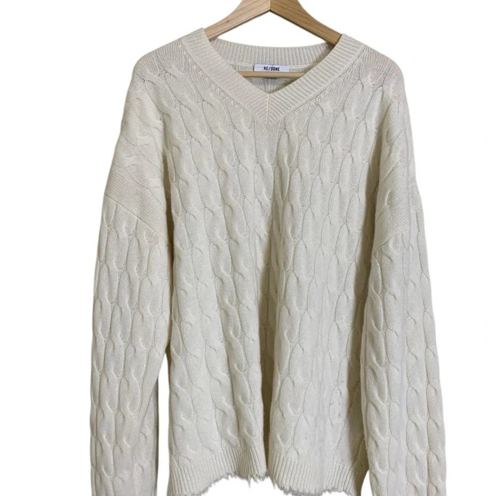 Re/Done Women's Lattice Cable V-Neck Sweater Cream 100% Cashmere Size Large - Picture 5 of 7